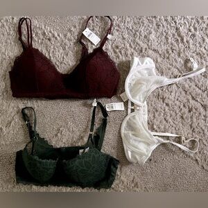NWT Aerie Bras - Lot of three - all 34B Lace Bralette Burgundy, Green, White